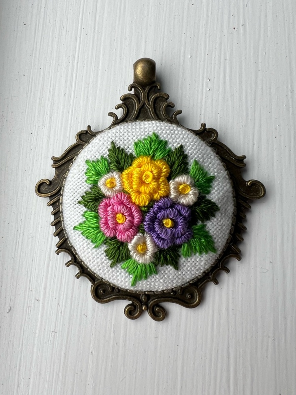 Hand-Embroidered Floral Pendant in Yellow, Pink, Purple, Green